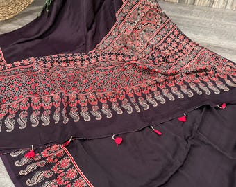 Hand Printed Ajrakh Modal Silk Saree / Free Shipping in US