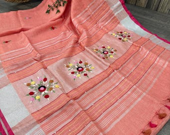 Peachy Pink Pure Linen Saree Embroidered / 100 count linen saree / Free Shipping In US