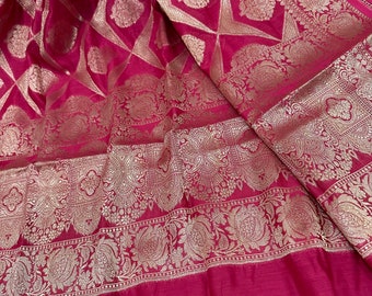Hot Pink Banarsi Dupatta / Chanderi Silk by Cotton / Free Shipping in US