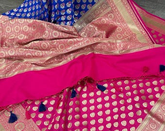 Rani Pink and Blue Banarsi Saree /Half and Half Saree/ Free Shipping In US