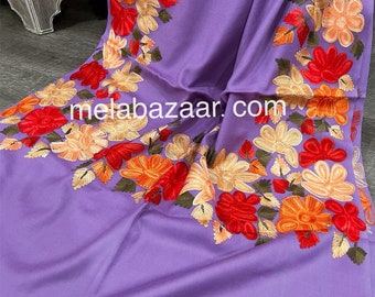 Lavender embroidered Pure Wool Shawl/ Kashmiri Stole/76 in by 28 in /Free Shipping in US