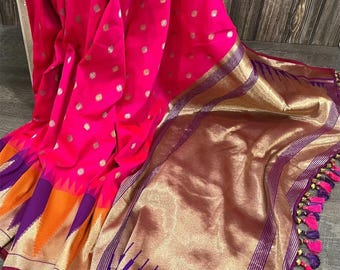 Hot Pink Banarasi Silk Saree / Free Shipping In US