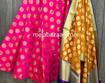 Pink Banarsi Lehenga Skirt with Yellow Dupatta / One Size Fits Most / Free Shipping in US