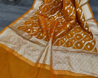 Orange Banarsi Organza Dupatta /Stole/Wrap/ Free Shipping in US