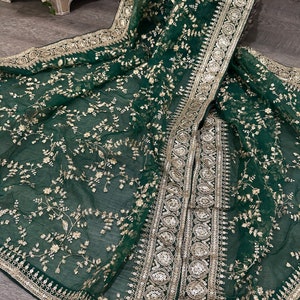 Bottle Green Embellished Net Dupatta with Sequinned
