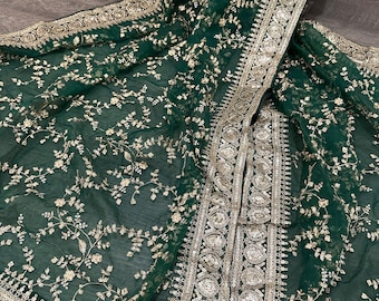 Embroidered Bottle Green Organza Dupatta /Stole/Wrap/ Free Shipping in US