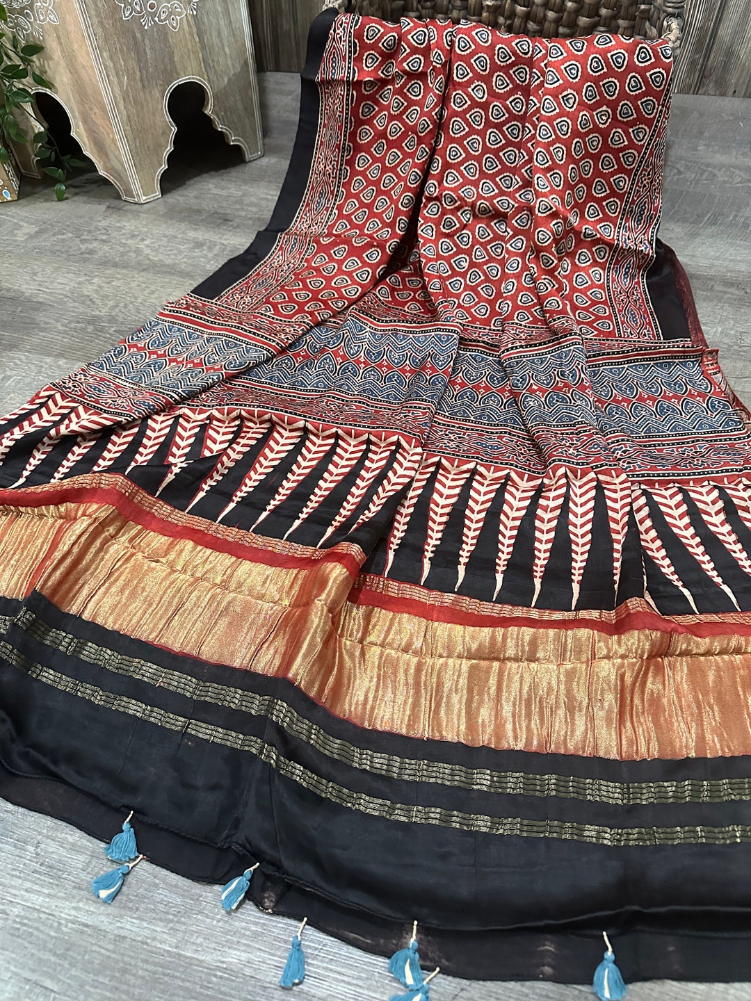Red - Modal Silk Block Print Ajrakh Dupatta 15 main image 0