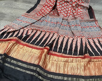 Red Ajrakh Dupatta on Modal Silk / Scarf / Stole / Free Shipping in US