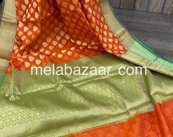 Orange Banarsi Chanderi Silk Cotton Saree /Fall Attached /Free Shipping In US