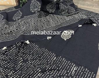 Black Pure Cotton Hand Printed Saree / Free Shipping In US