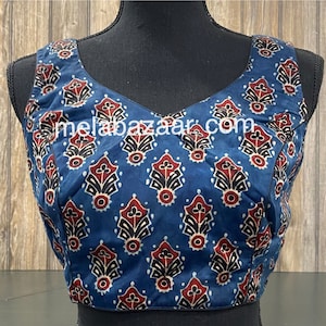 Sleeveless Ajrakh Blouse / Blue Modal Silk Blouse / Free shipping in US