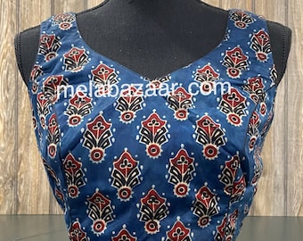 Sleeveless Ajrakh Blouse / Blue Modal Silk Blouse / Free shipping in US