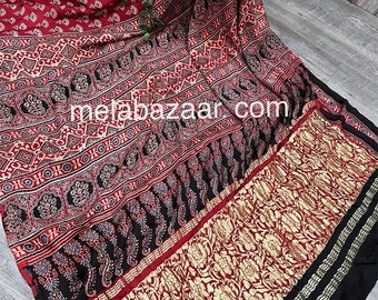 Red Ajrakh Modal Silk Saree / Hand Printed / Free Shipping in US