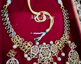 Indian necklace and earrings set/ Ruby red and green stones with pearls / Free Shipping in US