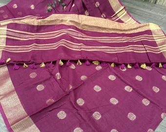 Magenta Purple Cotton Linen Saree / Free Shipping in US