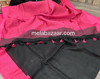 Pink and Black Linen Saree / Fall attached/ Free Shipping In US