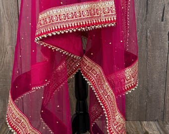 Bridal Rani Pink Net Dupatta /Stole /Wrap, Free Shipping in US