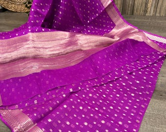 Violet Pure Kota Silk Saree  / Fall attached/Free Shipping In US