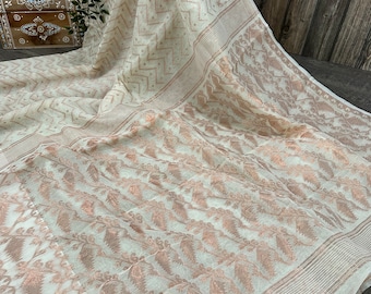 Rose Gold and Off White Jamdani Saree / Fall Attached/ Free Shipping in US