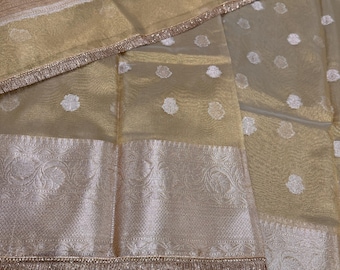 Gold Tissue Banarasi Saree  /Fall attached /Free Shipping In US