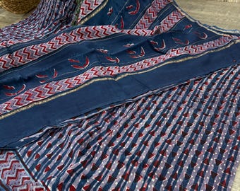 Handblock Print Soft Chanderi Silk Cotton Indigo Saree / Free Shipping In US