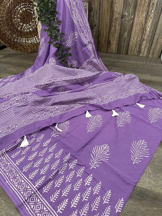 Pure Cotton Lavender Hand Printed Saree / Bagru Print /Free Shipping In US