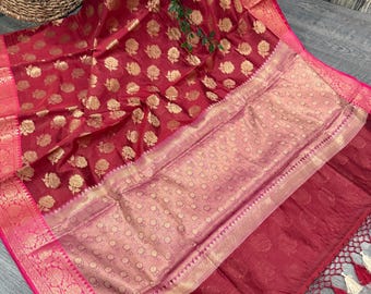Brownish Maroon Chanderi Silk Cotton Banarsi Saree  / Fall Attached/ Free Shipping In US