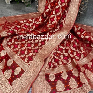 Red Georgette Banarsi Dupatta /Stole/Wrap/ Free Shipping in US