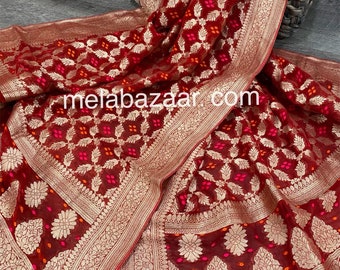Red Georgette Banarsi Dupatta /Stole/Wrap/ Free Shipping in US