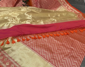 Coral Peach Banarsi Saree /Fall Attached /Free Shipping In US