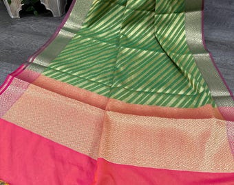 Striped Banarasi Dupatta Green and Gold /Silk Stole/Wrap/ Free Shipping