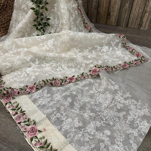 Embroidered Cream Organza Saree / Free Shipping in US