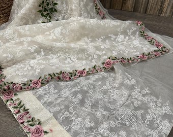 Embroidered Cream Organza Saree / Free Shipping in US