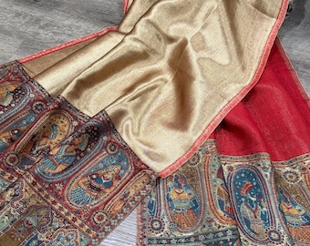 Red and gold reversible wool blend stole with Kaani weaving / Free Shipping in US