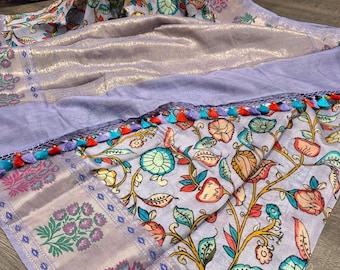 Lilac Kalamkari Banarasi Saree / Pure Chanderi Silk Cotton / Free Shipping In US
