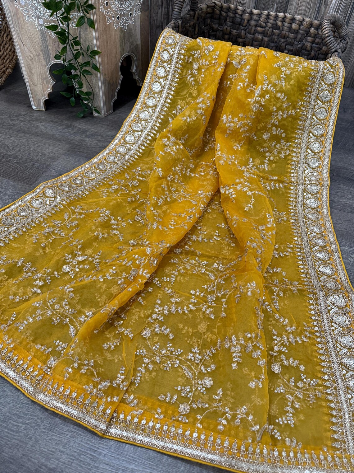 Pale Yellow Color Tissue Top Material And Pant Material With Orgenza Dupatta