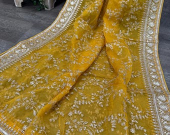 Embroidered Yellow Organza Dupatta /Stole/Wrap, Free Shipping In US