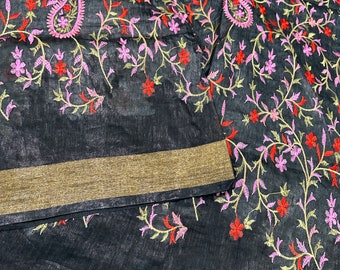 Embroidered Floral Black Silk Linen Saree /Free Shipping In US