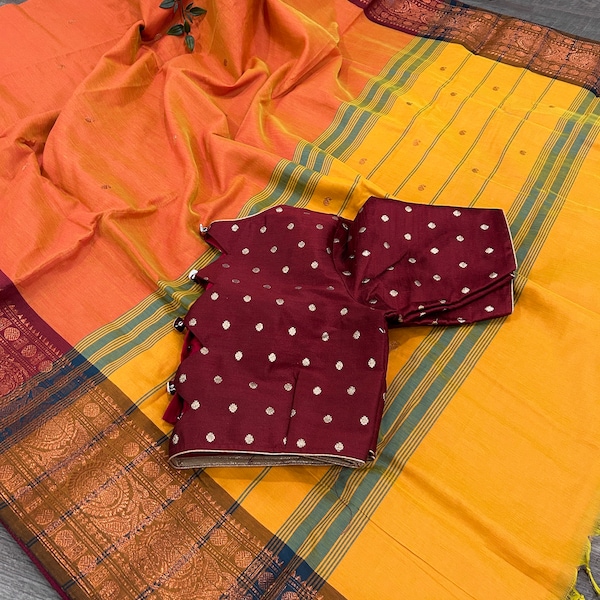 Saree bicolore orange en soie et coton Kanchi avec chemisier surpiqué / Livraison gratuite aux États-Unis