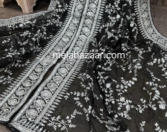 Embroidered Organza Black and Silver Dupatta /Stole /Wrap, Free Shipping in US