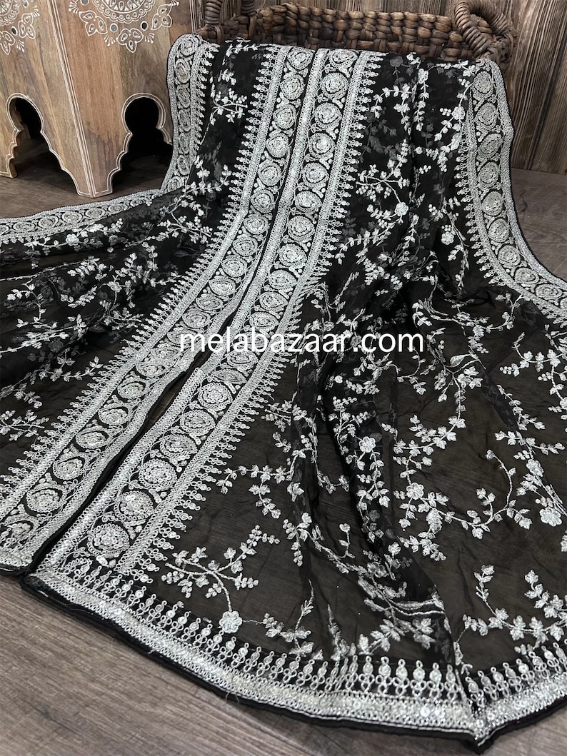 Embroidered Organza Black and Silver Dupatta /Stole /Wrap, Free Shipping in US image 1