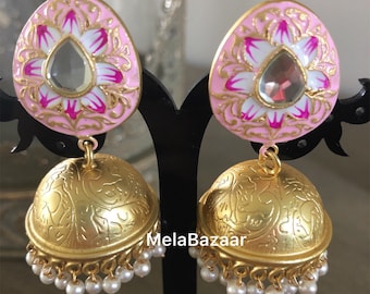 Kundan Jhumka, Meenakari and Pearls earrings / Lightweight/ Dull gold Indian Earrings / Free Shipping in US