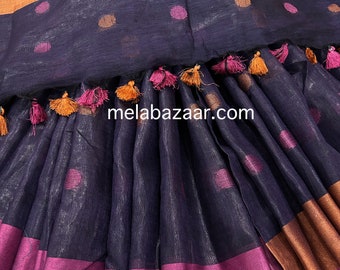 Purple Pure Linen Weaving Saree /Free Shipping in US