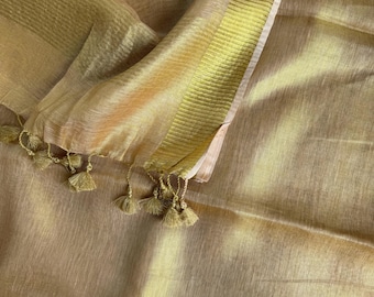 Tissue Linen Gold Saree /  Beautiful and lightweight /Free Shipping In US