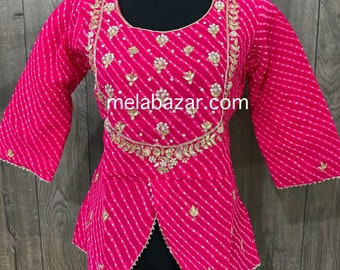Rani pink saree choli blouse with hand work / Free Shipping in US