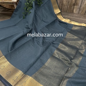 Gray Saree / Chanderi Cotton by Silk Saree / Vegan Saree / Free Shipping in US