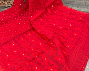 Red Jamdani Saree / Fall Attached/ Free Shipping in US