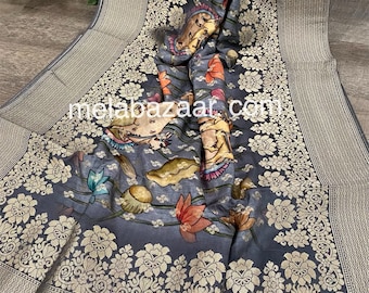 Gray Pichwai Print Banarsi Dupatta /Stole/Wrap/ Free Shipping in US