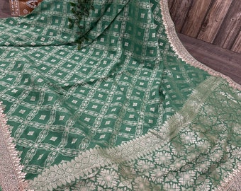 Green Georgette Banarsi Saree / Embroidered Saree / Free Shipping In US