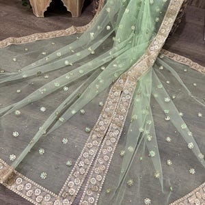 May include: A sheer, mint green dupatta, or scarf, with delicate floral embroidery and a gold-colored border. The fabric is adorned with small, scattered flower embellishments. The decorative border features intricate floral patterns.